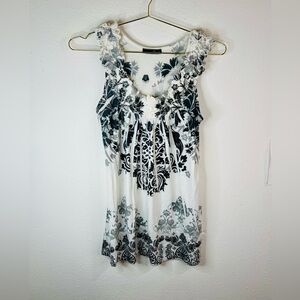 Espresso Women's Small Boho Floral Accent Sleeveless Tunic Top Black, Gray White